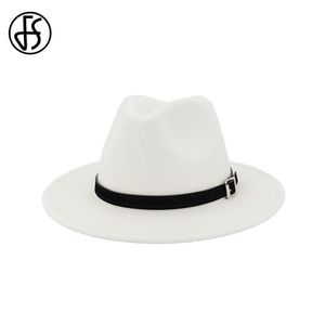 Männer Frauen Weiß Fedora Hut Breite Krempe Wollfilz Panama Hüte Mit Gürtel Schnalle Jazz Trilby Cap Schwarz Formale Kappen chapeau Femme