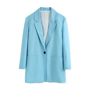 우아한 블루 긴 소매 여성 블레이저 단일 버튼 사무실 숙녀 코트 캐주얼 스트리트웨어 여성 Outwear Tops 210430