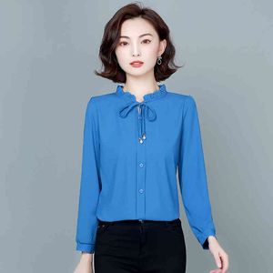 Koreańskie kobiety Bluzki z długim rękawem Koszule Kobieta Szyfonowe Topy Plus Size Bow Tie Tie Damska Koszula 210427