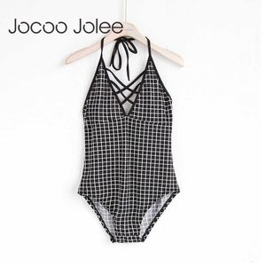 Jocoo Jolee Sexy Deep V-образным вырезом Criss Cross Front Bodysuits для женских модных клетчатых коммуникаций Базовые Rompers Bandage Bodysuits 210619