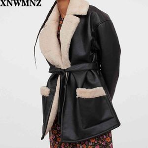 Za Women Fashion Winter Coat Thicken Warm faux leather Jacket flat collar soft imitation wool lining Jacket Parkas Female 210510