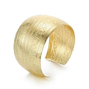 Dayoff European Punk Gold Color Big Wide Bracelet for Women Men Open Ajustable Carved Flower Cuff Bangle Jewelry B106 Q0719