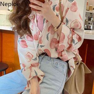 NEPLOE PEACH PRINT TRIPTS KVINNA FJÄRN SÄKERHET KRAVS LOSE CASE CASE Toppar Koreanska Fashion Blusas Långärmad Vintage Blouses 210422