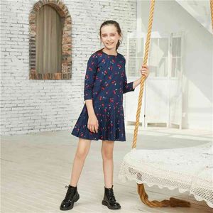 Outono e Primavera Elover Cereja elegante Impressão de manga comprida Dress Kids Girl Vestidos Escuros Azul Roupas 210528