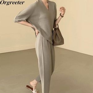 Women's Two Piece Pants Summer Fall Knitted Set Women Casual Raglan Sleeves Ruched Pullover Sweater + Wide Leg Suits Knitwear Outfits