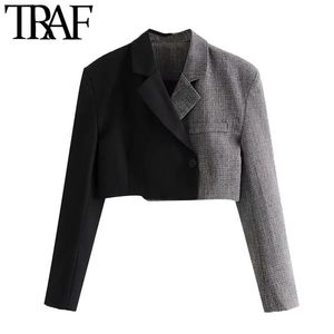 Mulheres moda retalhos cortados blazer casaco vintage colarinho entalhado manga comprida feminina outerwear chique tops 210507