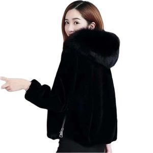 毛皮コートジャケットフード付きパーカー女性S冬Sプラスサイズ長袖フェイククロップファッションブラック211220
