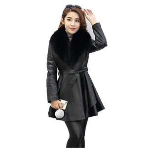 Faux Leather Coat Kvinnor S-4XL Plus Storlek Slim Black Red PU 019 Europa och Amerika Fashion Long Jacket LR335 210531