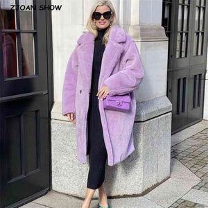 Winter Stylish Notched Collar Hairy Shaggy Faux Fur Long Coat Purple Woman Shearling Fluffy X-Long Jackets Keep Warm Outerwear 210429