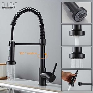 Deck Mounted Flexible Kitchen Faucets Pull Out Mixer Tap Black Cold Kitchen Faucet Spring Style with Spray Mixers Taps E9009 211108