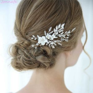 Jonnafe Charming White Porcelain Flower Bridal Hair Pin Clip Perline Copricapo Crystal Wedding Hair Ornament Jewelry X0625