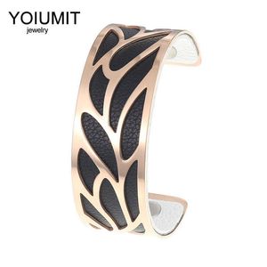 Yoiumit Fashion Rose Guld Armband och Bangle Kvinnors Rostfritt Stål Smycken Läder Manschett Armband Manchette Femme Pulseiras Q0720