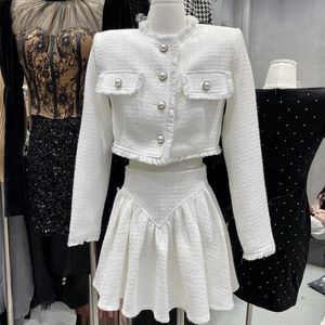 Sukienki robocze Mały Zapach Vintage Tweed Dwuczęściowe Zestaw Kobiety Crop Top Woolen Krótka Kurtka Płaszcz + Syrenki Spódnice Ustawia Słodkie 2 Garnitury