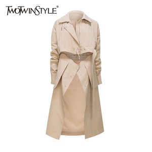 TWOTWINSTYLE Khaki Casual Spring Windbreaker For Women Lapel Long Sleeve Sashes Korean Trench Female Clothing Fashion 210812