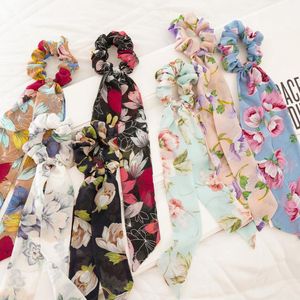 Scrunchies Hair Slipsar Scarf Chiffon Floral Long Bow Streamer Elastic Ribbon Hårband Tillbehör Ponytailhållare 6 Färger Valfritt BT6570