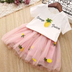 Sommarflickor kläder sätter söta prinsessan flicka ananas tröja + gasbind klänning 2pcs kostym barn kläder set barn 210625