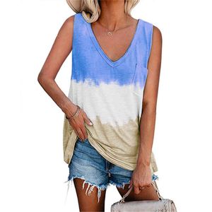 Kvinnor Tank Toppar Sommar Casual V Nacke Ärmlös med Ficka Basic Vest Tops Gradient Skriv ut Loose Pullover Tee Plus Size 210507