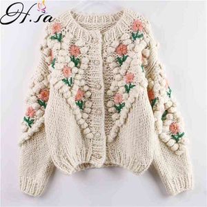 Women Winter Handmade Sweater and Cardigans Floral Embroidery Hollow Out Chic Knit Jacket Pearl Beading 210430