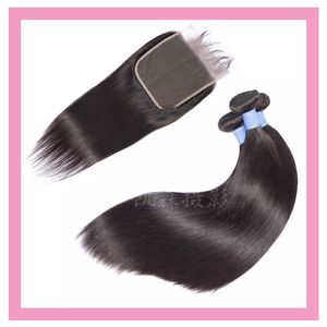 Brazilian Human Hair Extensions 2 Bundles With 6*6 Lace Closure Straight 3 Pcs Virgin Hair Products
