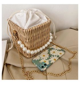 Moda tkane torby wieczorowe damskie koreańskie łańcuch stylu szminki pakiet prosta perła ręka słomy torba