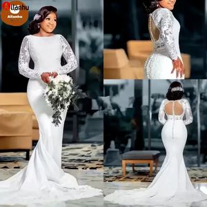Laço branco Plus Size Árabe Aso Ebi Beaded Sereia Vestidos de casamento 2022 mangas compridas Botões cobertos de volta Africano Bridal Party Vestidos WVDF