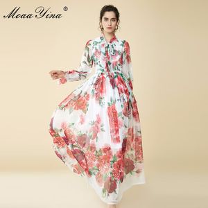 Wiosna Lato Maxi Sukienka Bow Collar Rose Floral Prin Butterfly Rękaw Długie Przypadkowe wakacje Bohemian Loose 210524