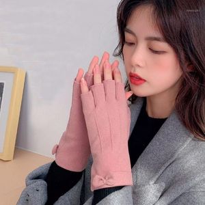 Fem fingrarhandskar Autumn Winter German Velvet Women Cute Bow Thicking Warm Elastic Mantens Pekskärm Halvfinger Driving Glove