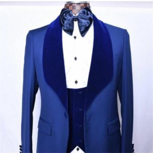 High Quality One Button Blue Groom Tuxedos Shawl Velvet Lapel Wedding/Prom/Dinner Groomsmen Men Suits Blazer (Jacket+Pants+Vest+Tie) W1386