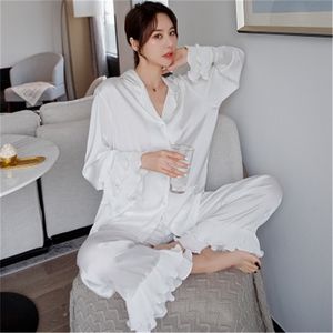 Daeyard Silk Pajama набор белых оборков с поворотным воротником Pajamas весна осень с длинным рукавом пижамы женщины 2 шт.