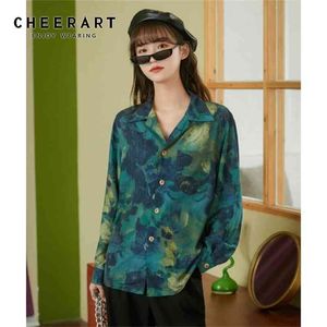Oil Painting Green Top Button Up Shirt Lapel Long Sleeve Blouse Floral Print Loose Autumn Clothes Women 210427