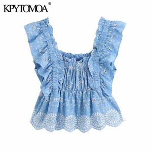 KPYTOMOA Kadınlar Tatlı Moda Cutwork Nakış Kırpılmış Bluzlar Vintage Geri Elastik Ruffled Kadın Gömlek Blusas Chic Tops 210721