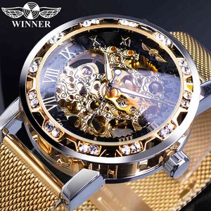 Winner Golden Watches Men Skeleton Orologio meccanico Crystal Mesh Slim Cinturino in acciaio inossidabile Orologio da polso a carica manuale