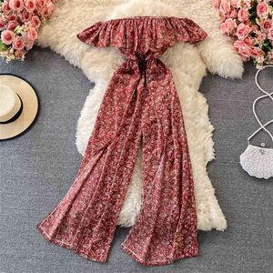 OFF 어깨 껍질 여성 Jumpsuit Boho 스타일 꽃 인쇄 탄성 허리 와이드 다리 높은 스플릿 긴 바지 캐주얼 해변 바지 210603