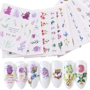 Spring Water Nail Decal And Sticker Flower Leaf Tree Green Simple Summer DIY Slider For Manicuring Nails Art Watermark 24pcs/set