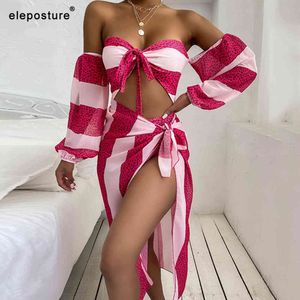 Sexy Swimsuit Manga Longa Swimwear Mulheres Praia Cobrir Sarong Off The Should Bathing Terno Beachwear Nadar Senhora 210521