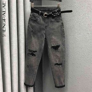 Persönlichkeit Hohe Taille Harlem Jeans Frauen Frühling Loch Lose Dünne Denim Harem Rettich Hosen Weibliche 5B922 210427