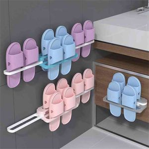 4 In 1 Bathroom Slippers Rack Wall Mounted Shoe Organizer Folding Slippers Holder Shoes Hanger Self Adhesive Storage Towel Racks 210811