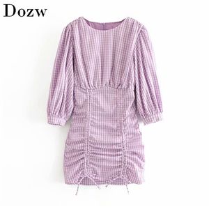 Sexy Bodycon Plaid Dress Women Lantern Half Sleeve Fashion Mini Lady O Neck Sheath Holiday Party Sundress Ropa Mujer 210515