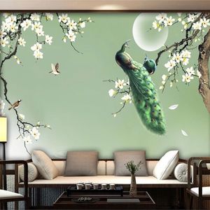 Anpassad väggmålning Bakgrund Kinesisk stil Handmålade Magnolia Green Peacock Flowers Birds Photo Väggpapper Vardagsrum TV 3d fresco