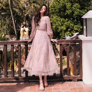 Elegant Summer Pink Lace Women Dress Maxi Long Sleeve Embroidery Slim Party Female Vestido Ankle-Length 210603