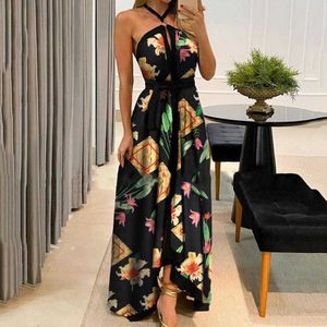 O-neck strapless long dress sundress wholesale floral print strapless ladies dress retro halter Y1006