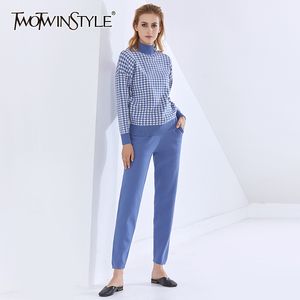 Twotwinstyle Koreański Dwuczęściowy Zestaw Dla Kobiet Turtleneck Z Długim Rękawem Hit Color Plaid Loose Sweter High Waist Trouser Kobieta 210517