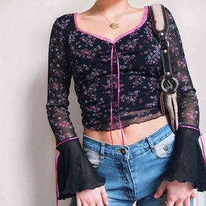 Y2K Floral Printed Tops Mesh Women T-Shirt Lace Up Top Ruffles Long Sleeve Crop Slim Spring Tee Shirt Streetwear 210517