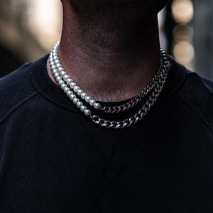 Stainless Steel Pearl Cuban Link Chain Necklace For Men Women Fashion Punk Hiphop Choker Collar Neck Jewelry Accessories Chokers