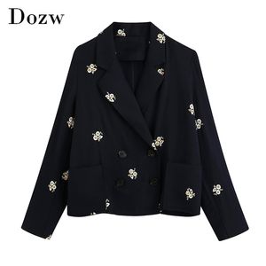 Long Sleeve Floral Embroidery Blazer Women Vintage Office Double Breasted Coat Notched Collar Pocket Outwear Jacket 210515