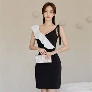 フリルボディコンドレス韓国の女性セクシーな夏ノースリーブVネックミニパーティードレス女性服210602