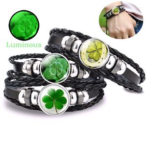 Luminous Shamrock Four-leaf Clover Bracelet Glass Cabochon Leather Multilayer Braided Bracelets St Patrick's Day Fashion Jewelry Bangle
