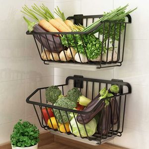 Stainless Steel Kitchen Wall Hanging Storage Basket Spice Rack Fruit Vegetables with Drain Organizer Dish Drying Shelf Container 210609