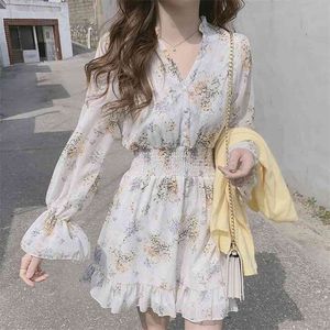 Cute Mini Dresses Party Date Wear Woman Long Sleeve Korea Japan Ruffled Sweet Girls Little Floral Chiffon Dress 210520
