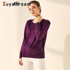 Suyadream 여성 기본 스웨터 실크 및 캐시미어 블렌드 O 넥 풀오버 솔리드 가을 겨울 바닥 셔츠 210914